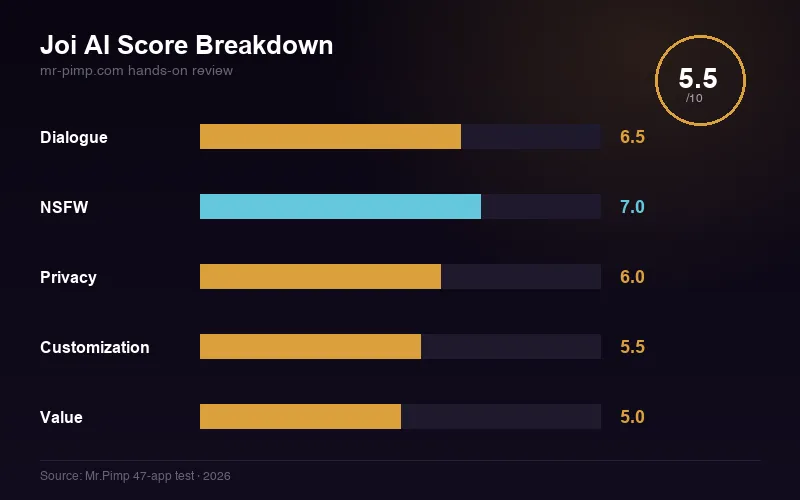 Joi AI score breakdown — dialogue, NSFW, privacy, customization, value ratings