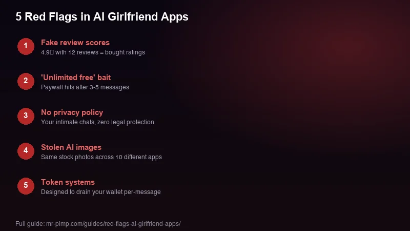 5 red flags to watch for in AI girlfriend apps including fake reviews and token traps